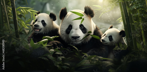 Giant panda family with bamboo background photo