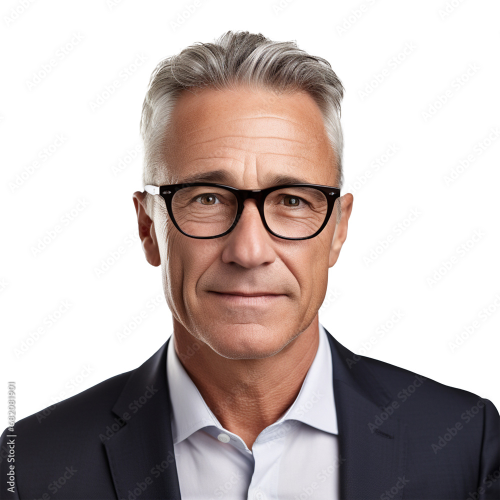 Handsome mature businessman in glasses isolated over transparent background, ai technology