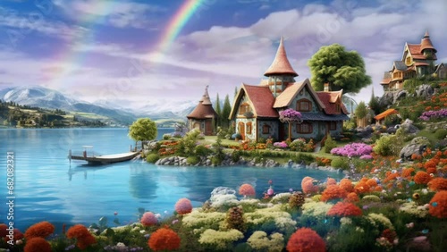 beautiful fantasy scenery on a dream island with a house and flower garden overlooking a lake. seamless looping time lapse video animation background, anime or cartoon style. Generated with AI photo