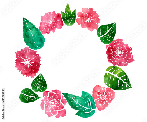 Round frame of pink flowers and green leaves isolated on white background. Watercolor spots and white contour pattern. Different shades of pink, red, green. Lines and dots. Watercolor blur. Wreath.