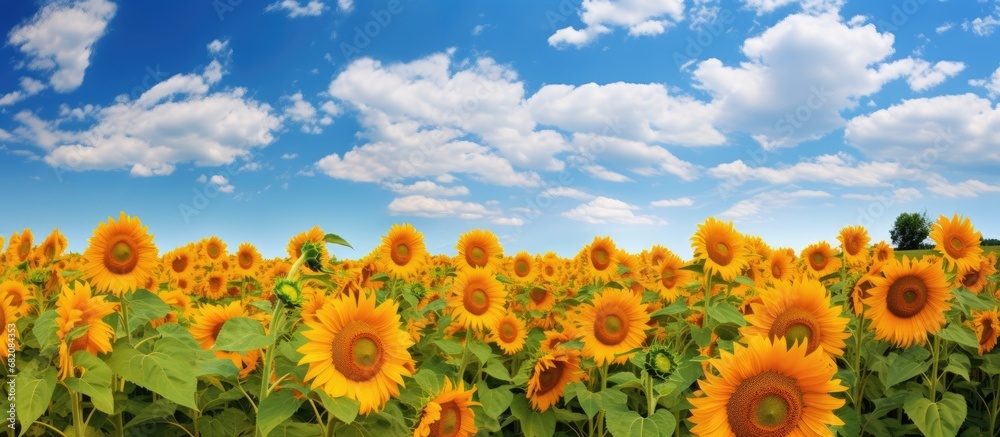 In the summer, a picturesque landscape unfolded before the beholder's eyes: a field of vibrant, colorful sunflowers swaying under the blue sky, their green leaves interspersed with other floral
