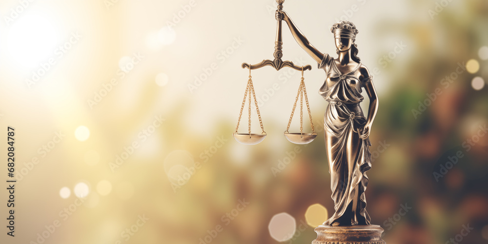 statue of Lady Justice with scales of justice on light background, with space for text - obrazy, fototapety, plakaty 