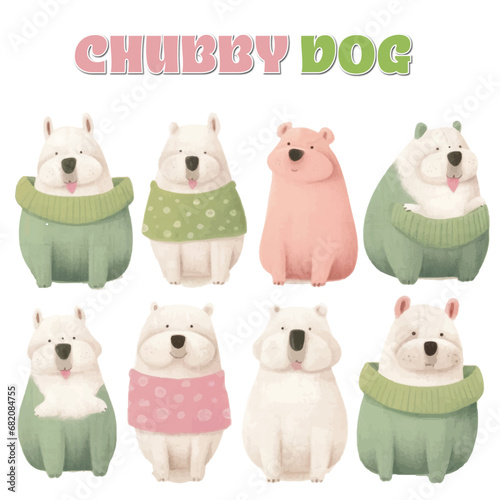 set of chubby dogs green and pink