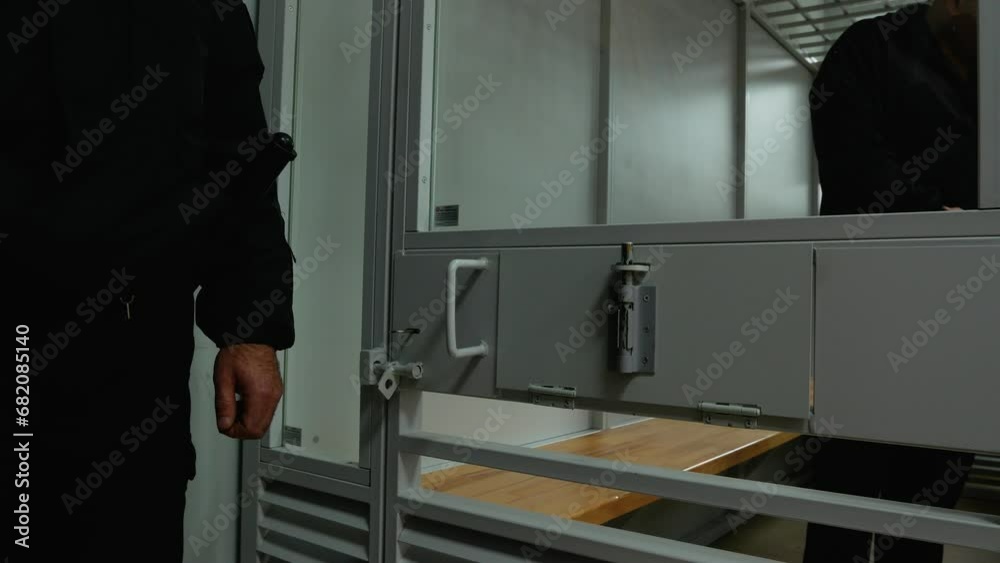 A policeman stands near a cage with a criminal in the courtroom. There is a prisoner in the cage. The suspect's cage is locked. Trial.