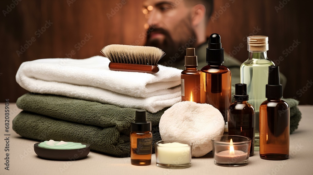 Men spa set with towels, natural solid shampoo, soap, beard brush and aroma oil on paper background. generative AI Men spa set with towels, natural solid shampoo, soap, beard brush and aroma oil on paper background. generative AI