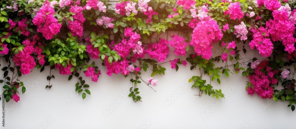 beautiful and colorful garden, against a white wall covered in floral wallpaper, a mesmerizing pink flower blooms, adding to the natural beauty of the summery nature scene. The lush green leaves