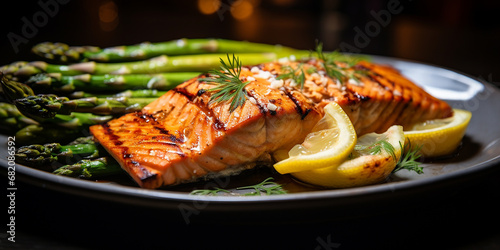 salmon steak, grilled red fish served on a plate with lemon and asparagus. aesthetic image for restaurant, menu.