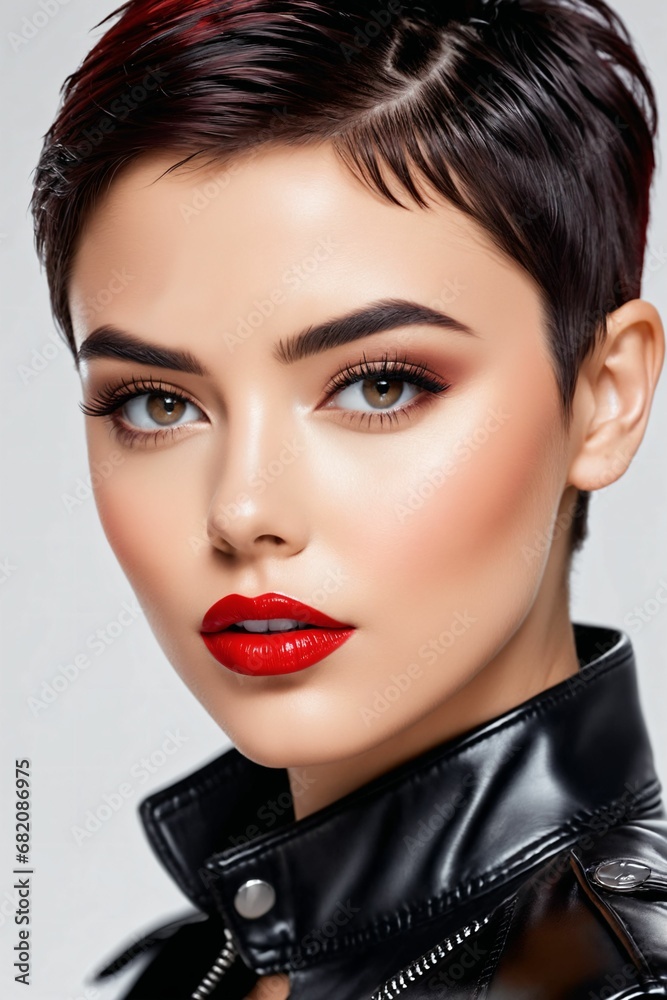 Portrait of beautiful women with pixie cut wearing black leather moto jacket, with white background
