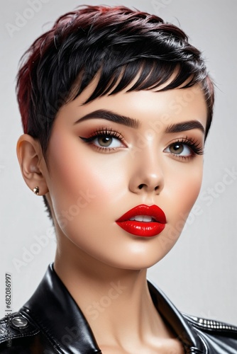 Portrait of beautiful women with pixie cut wearing black leather moto jacket, with white background