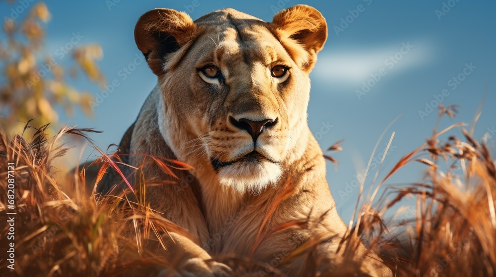 Fototapeta premium In the vast African park, a regal lioness with a golden crown of grass strutted amidst the green and white beauty of nature, her black and blue eyes capturing the colors of the serene landscape in her