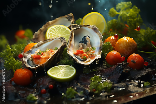 composition of fresh oysters on stones. Oysters with lemon and fruits. Food in a restaurant