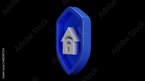 Silver smart home icon on security blue shield, 360-degree rotating 4k alpha channel video. Wireless sign. Wifi icon, digital safety concept footage. Modern metallic badge, 3d rendered shape. (ID: 682087534)
