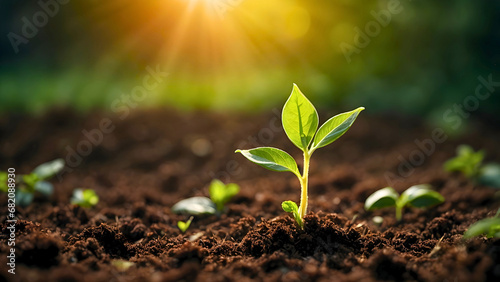 Close-up of green seedling growth from the rich soil and leaves unfurl in the morning sunlight. Illustrating concept of new life, agricultural and sustainable environment photo