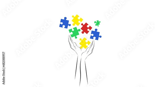autism symbol. puzzle tree. hands hold puzzles. 4K video illustration.
