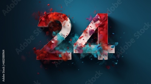 Party decoration, anniversary sign for holidays, celebration, birthday, carnival happy new 2024 year. Red blue numbers 24 on dark blue background. Generative AI.