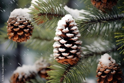 Snowy Pinecones: Pinecones covered in a dusting of snow, arranged on a bed of evergreen branches.