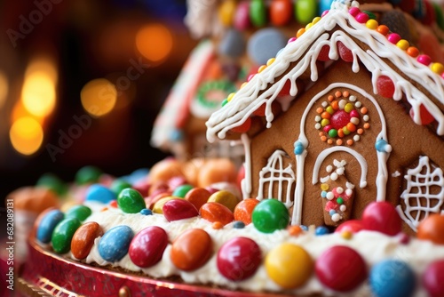 Gingerbread Delight: Close-up of a gingerbread house with colorful candies and icing details.