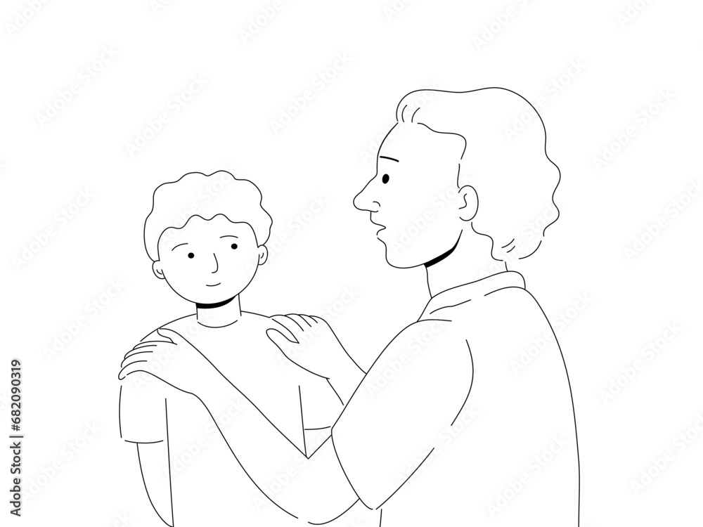 Hand drawn sketch of father talking with son and his hands on shoulder in vector outline Stroke.

Father talking with son in vector Ink outline Stroke.