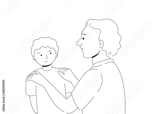 Hand drawn sketch of father talking with son and his hands on shoulder in vector outline Stroke.

Father talking with son in vector Ink outline Stroke.