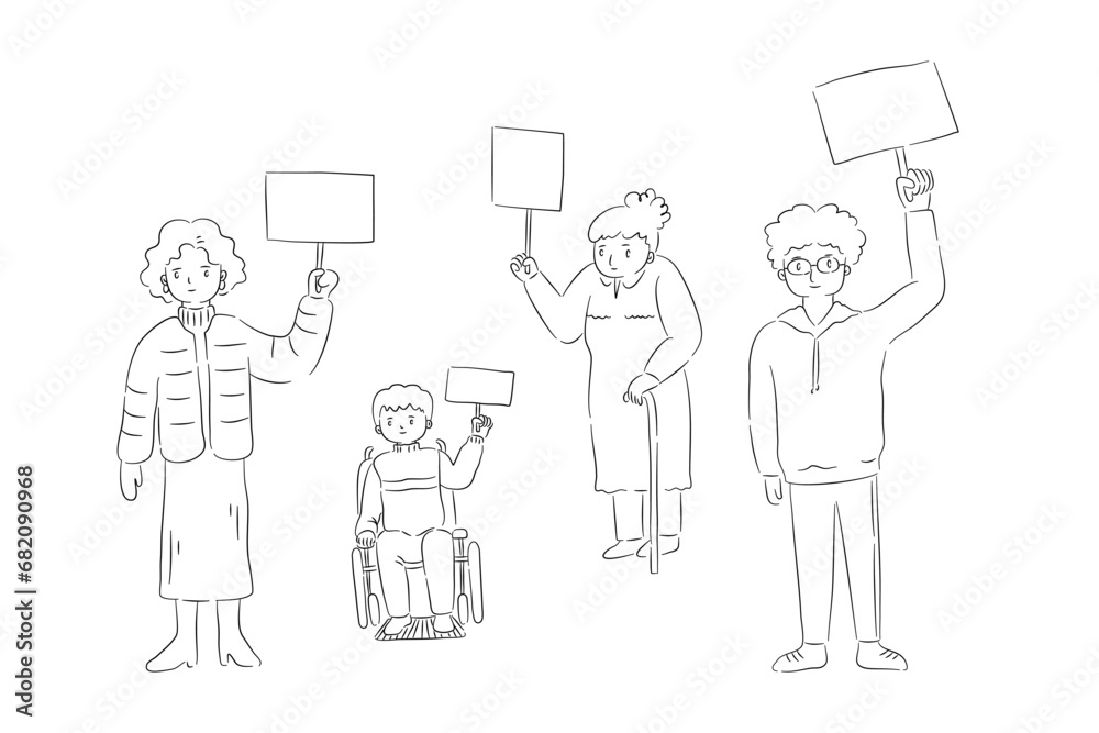 Hand drawn sketch of diverse people with hand holding a blank sign in vector Ink outline Stroke.
