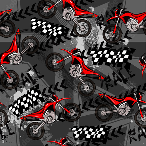 Bright pattern with motorcycles. seamless grunge background for guys. Modern background in urban style. For textiles, bedding, fashion and sportswear.