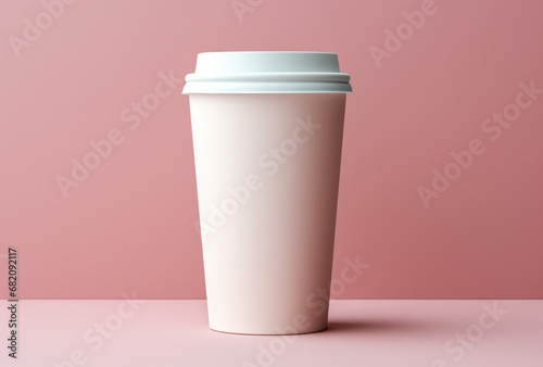 mock up Blank white coffee cup with white lid, pastel color background. AI generated Images photo