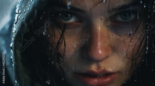  Close up of a woman with piercing hazel eyes stands in the rain