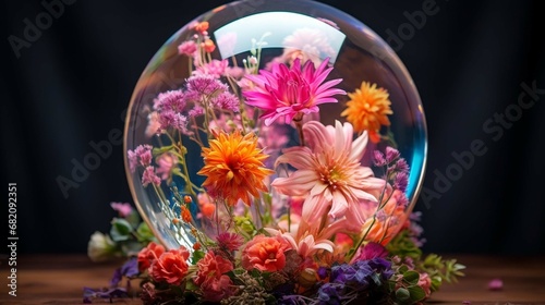 Colorful blossoming flowers with gentle petals and pleasant aroma inside a crystal sphere
