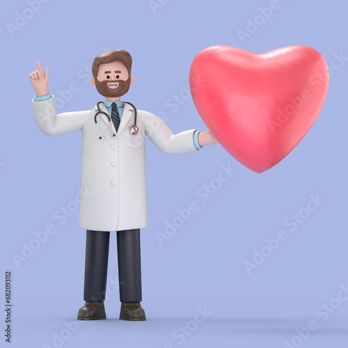 3D illustration of Male Doctor Iverson with heart shape.Medical presentation clip art isolated on blue background.
 photo