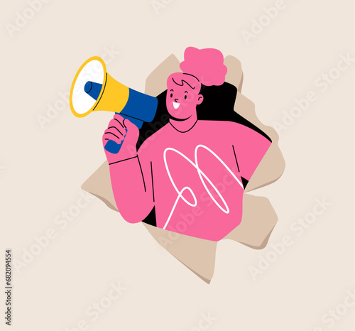 Woman holding megaphone coming out from torn paper.  Colorful vector illustration