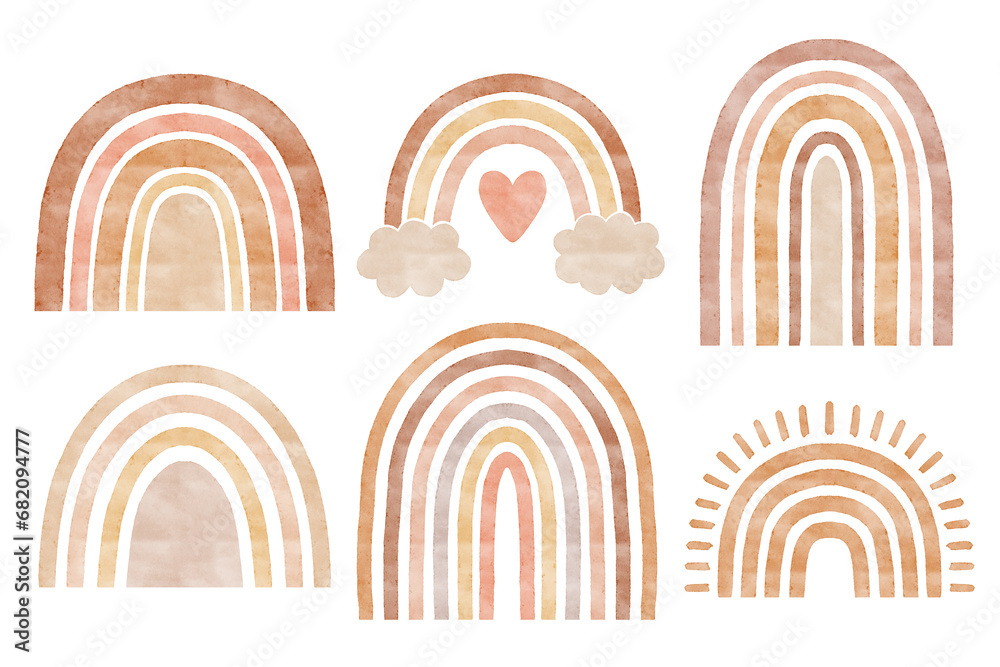 Whimsical boho rainbows set in neutral brown and beige colors, boho elements for baby shower and wedding invitation, decor for nursery and kids Whimsical boho rainbows set in neutral brown and beige colors, boho elements for baby shower and wedding invitation, decor for nursery and kids