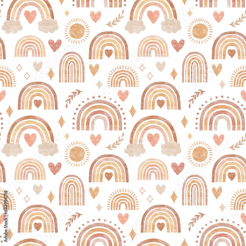 Rainbow seamless pattern in boho style with neutral brown and pink rainbow, sun, heart background elements. Boho nursery decor.