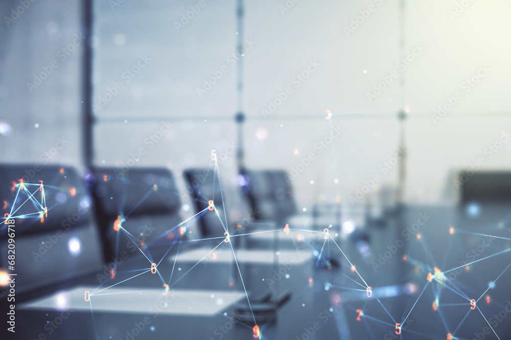 Obraz premium Abstract virtual technology sketch on a modern boardroom background, future technology and AI concept. Double exposure