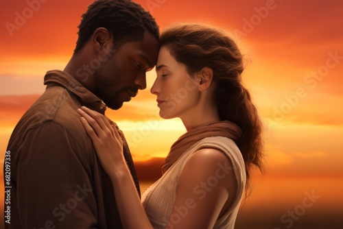 Couple in love gently kissing, standing on roof of house, beautiful sunset 