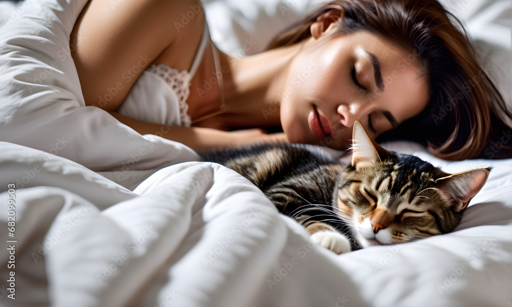 A pretty woman sleeping with a cute cat. Generative AI A pretty woman sleeping with a cute cat. Generative AI