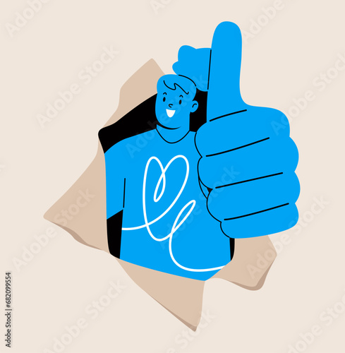 Woman thumb up coming out from torn paper. Colorful vector illustration