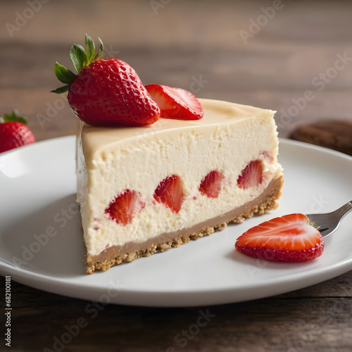 Sliced Gourmet Cheesecake with Fresh Strawberry Topping on Elegant White Plate, Perfect for Dessert Menu or Bakery Promotion, High-Quality Culinary Presentation