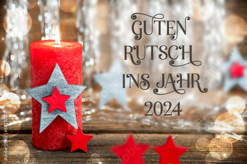 Text Guten Rutsch 2024, Means Happy 2024, With Candle, Christmas Background