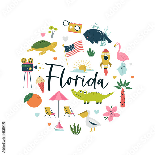 Colorful composition, circle design with famous symbols, animals of Florida state, USA.