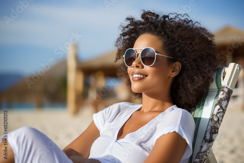 The portrait of a smiling young woman with an afro hairstyle and sunglasses is lying on a beach chair to sunbathe on a summer vacation day. Generative AI.