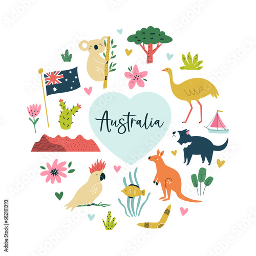 Colorful composition, circle design with famous symbols, animals of Australia.