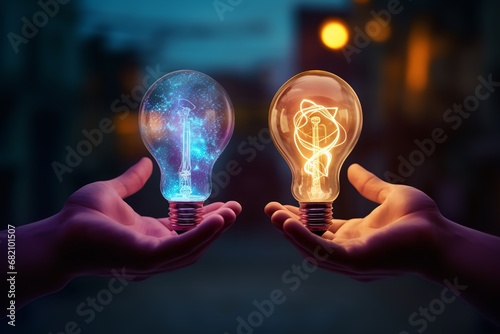 two hands holding light bulbs, one glowing and one not, is a powerful metaphor for the power of knowledge and enlightenment. The glowing light bulb represents knowledge and understanding photo