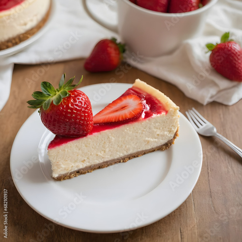 Sliced Gourmet Cheesecake with Fresh Strawberry Topping on Elegant White Plate  Perfect for Dessert Menu or Bakery Promotion  High-Quality Culinary Presentation