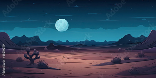 Anime cartoon style moon light desert baron landscape background scene empty space night time deserts, generated ai photo