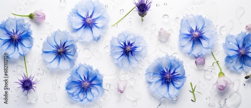 White banner with cornflowers and water drops on