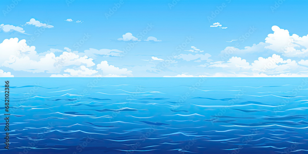 Fototapeta premium Cartoon anime style ocean sea graphic resource illustration calm waters blue skies background, generated ai