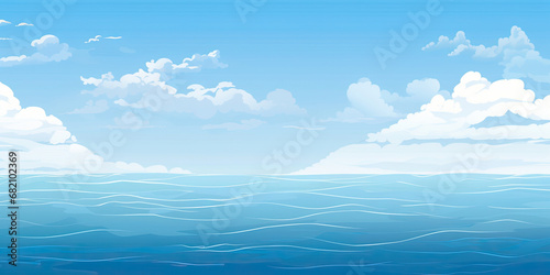 Cartoon anime style ocean sea graphic resource illustration calm waters blue skies background, generated ai photo
