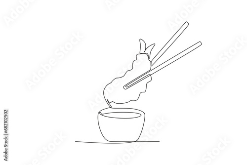 One continuous line drawing of fresh delicious Tempura dipped in sauce. Fast food Japan noodle cafe shop logotype template concept. Modern single line draw design vector illustration
