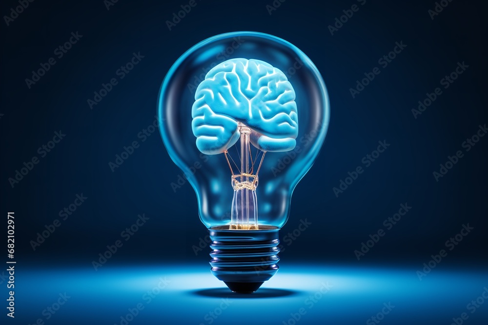 A lightbulb with a glowing brain inside, set against a vibrant blue background, is a powerful symbol of creativity, innovation, and the future of ideas. A lightbulb with a glowing brain inside, set against a vibrant blue background, is a powerful symbol of creativity, innovation, and the future of ideas.