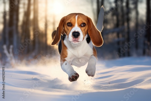 A beagle dog runs through the snow in the forest © Julia Jones